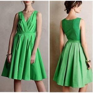 ANTHROPOLOGIE Collette Dinnigan Green Pleated Trellis Fit & Flare Dress Size 8